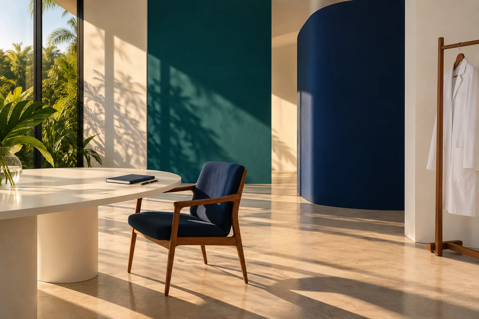 Cabinet moderniste illustratif avec fauteuil bleu et blouse blanche.
